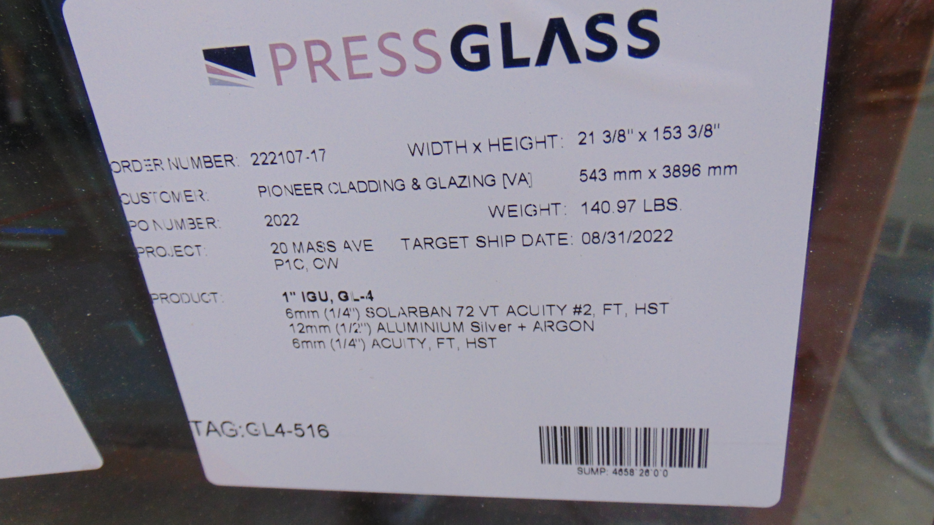 Clear Insulated Glass - 21-3/8" x 153-3/8" x 1" - Image 3