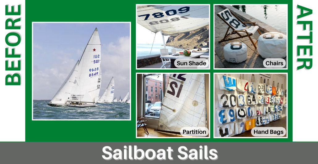 Before and after banner showing sailboat sails repurposed into sun shades, chairs, partitions, and handbags